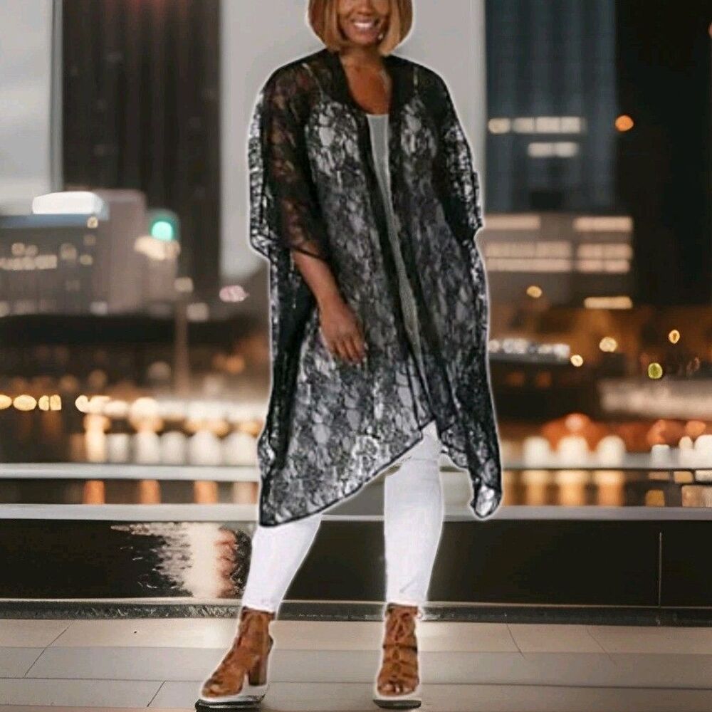 The Muses Lounge Sheer Black Chantilly Lace Kimono Cardigan New M/L Oversized